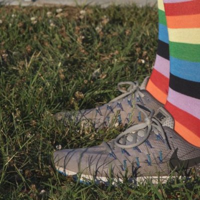 Rainbow socks in running shoes